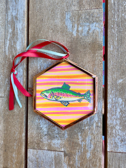ON HOLD "Larry" Hand Painted Trout Ornament - Hexagon Glass Striped Fish Christmas Ornament