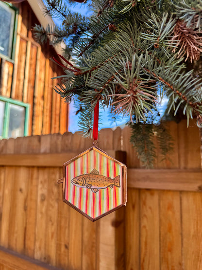 "Telluride" Hand Painted Trout Ornament - Hexagon Glass Striped Fish Christmas Ornament