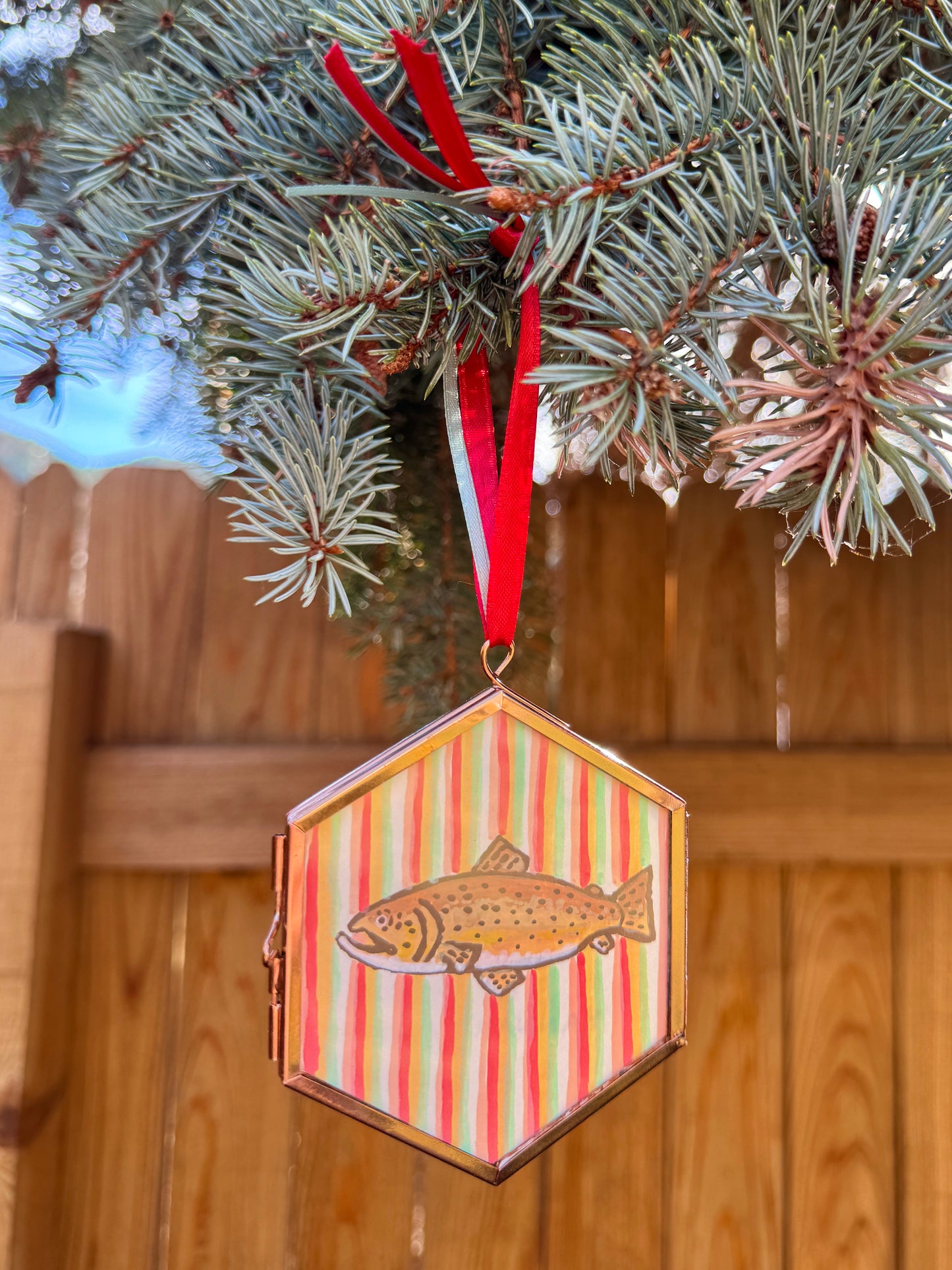 "Telluride" Hand Painted Trout Ornament - Hexagon Glass Striped Fish Christmas Ornament