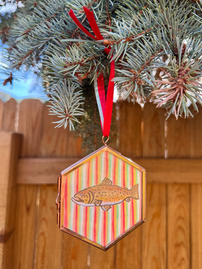"Telluride" Hand Painted Trout Ornament - Hexagon Glass Striped Fish Christmas Ornament