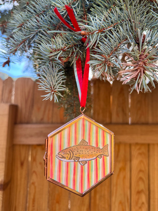 "Telluride" Hand Painted Trout Ornament - Hexagon Glass Striped Fish Christmas Ornament