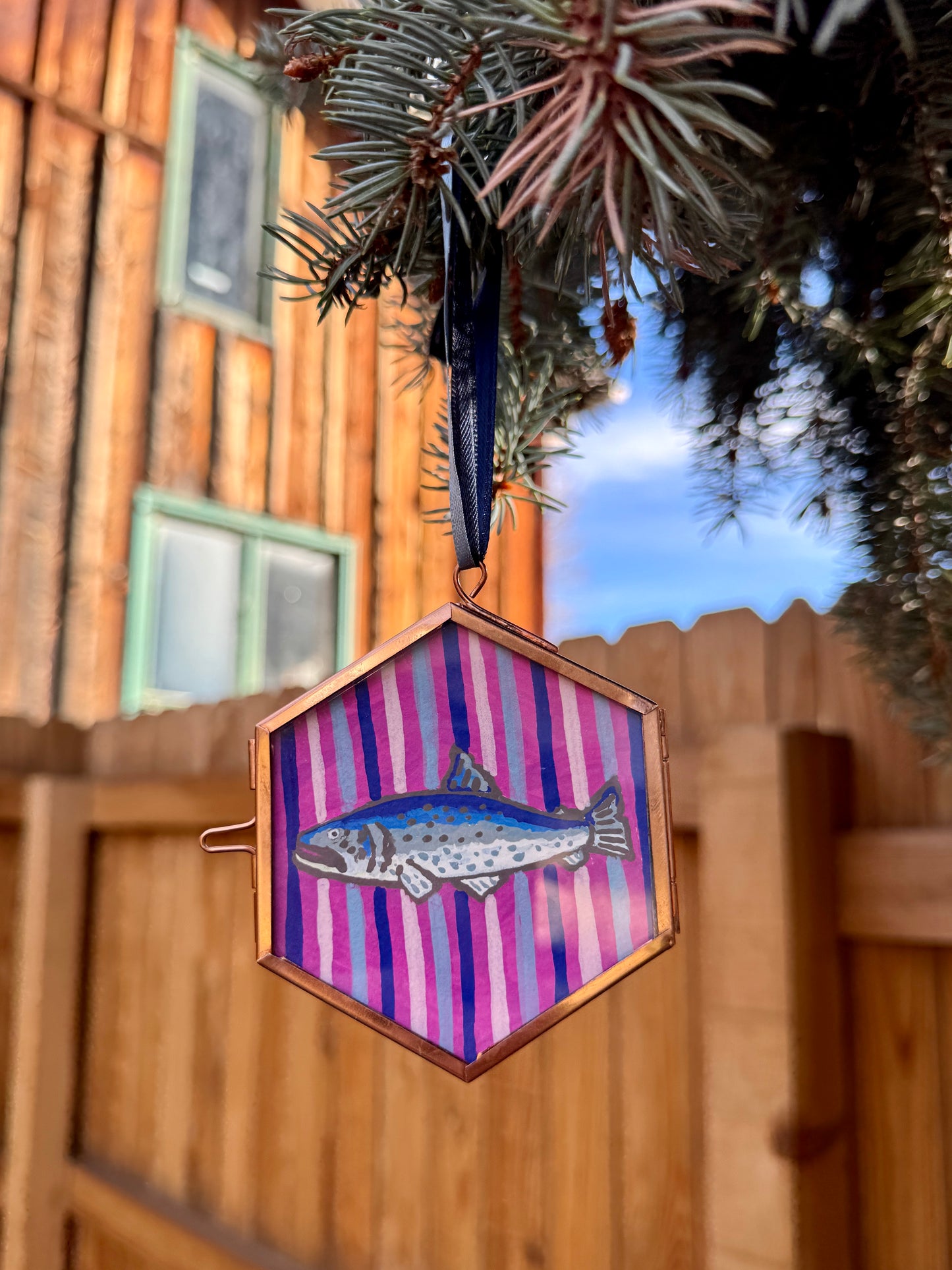 "Panama Jack" Hand Painted Trout Ornament - Hexagon Glass Striped Fish Christmas Ornament