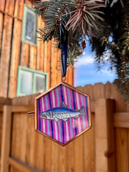 "Panama Jack" Hand Painted Trout Ornament - Hexagon Glass Striped Fish Christmas Ornament