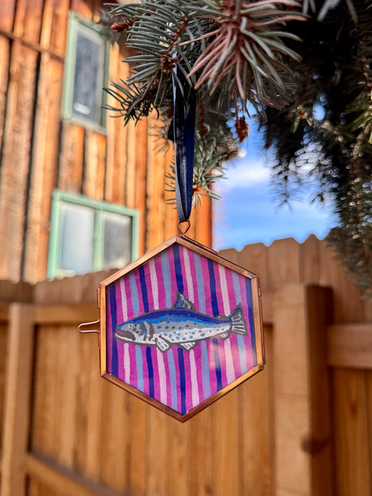 "Panama Jack" Hand Painted Trout Ornament - Hexagon Glass Striped Fish Christmas Ornament