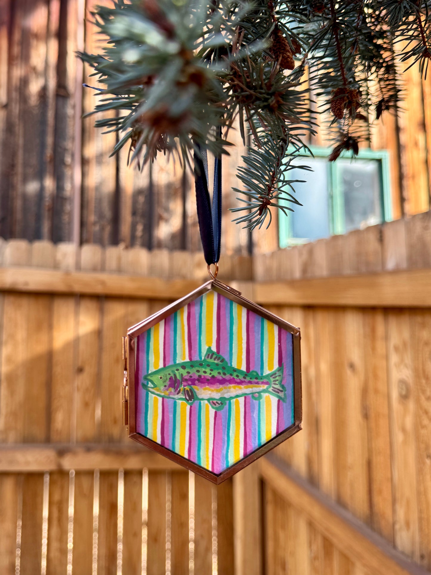 "Lavender" Hand Painted Trout Ornament - Hexagon Glass Striped Fish Christmas Ornament