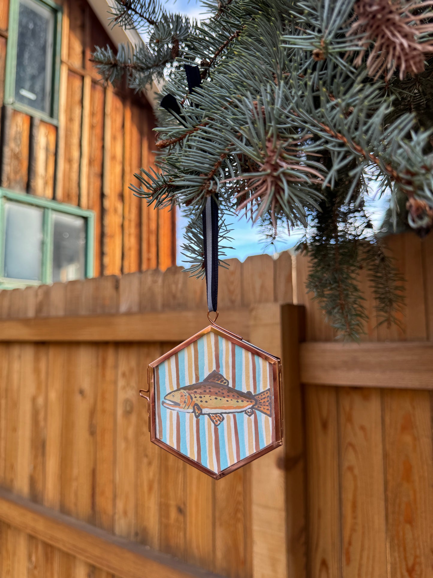 "Barnacle Bill" Hand Painted Trout Ornament - Hexagon Glass Striped Fish Christmas Ornament