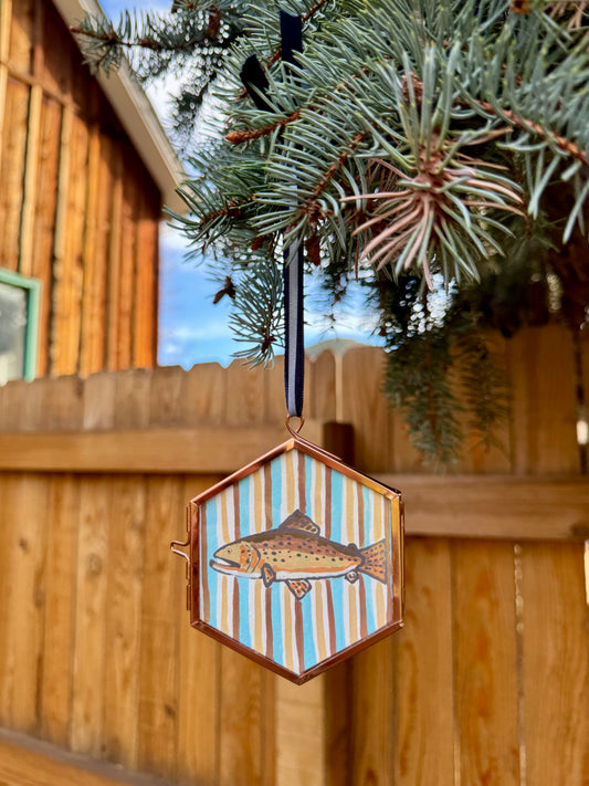 "Barnacle Bill" Hand Painted Trout Ornament - Hexagon Glass Striped Fish Christmas Ornament