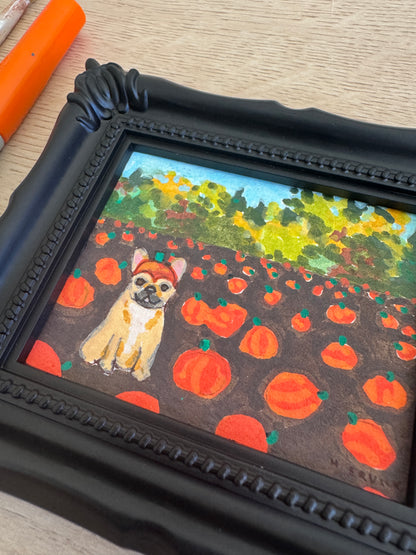 Day 7: Tiny Frenchie in a Pumpkin Patch Original Spooky Cutie
