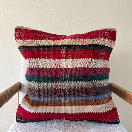 Handmade Turkish Kilim Rug Throw Pillow Red Plaid