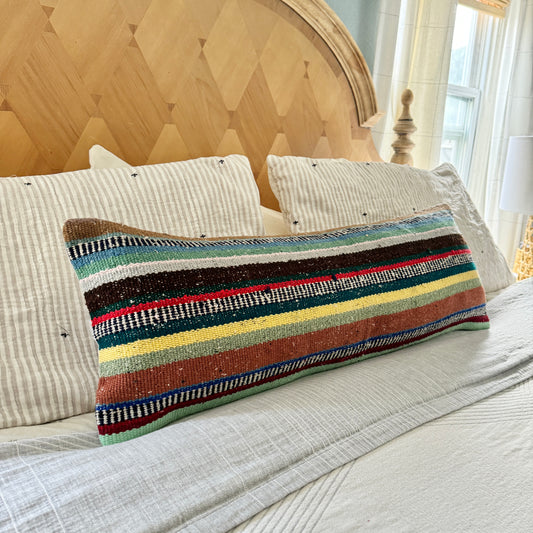 Colorful striped turkish kilim lumbar pillow 12x26