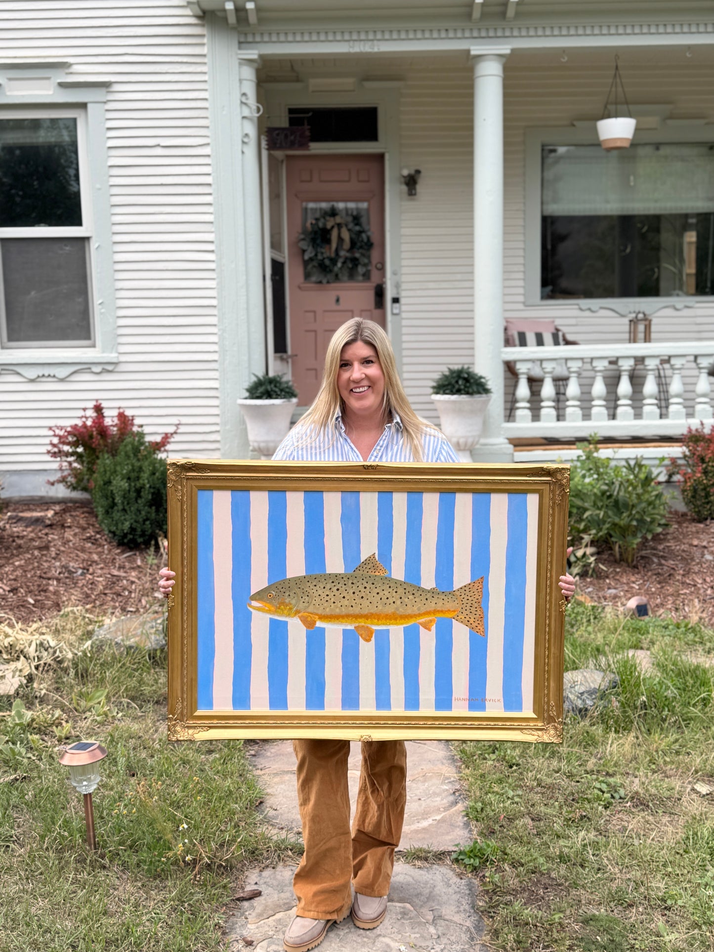 Original Painting - Bob the Brown Trout - Acrylic on Canvas in Vintage Gold Frame