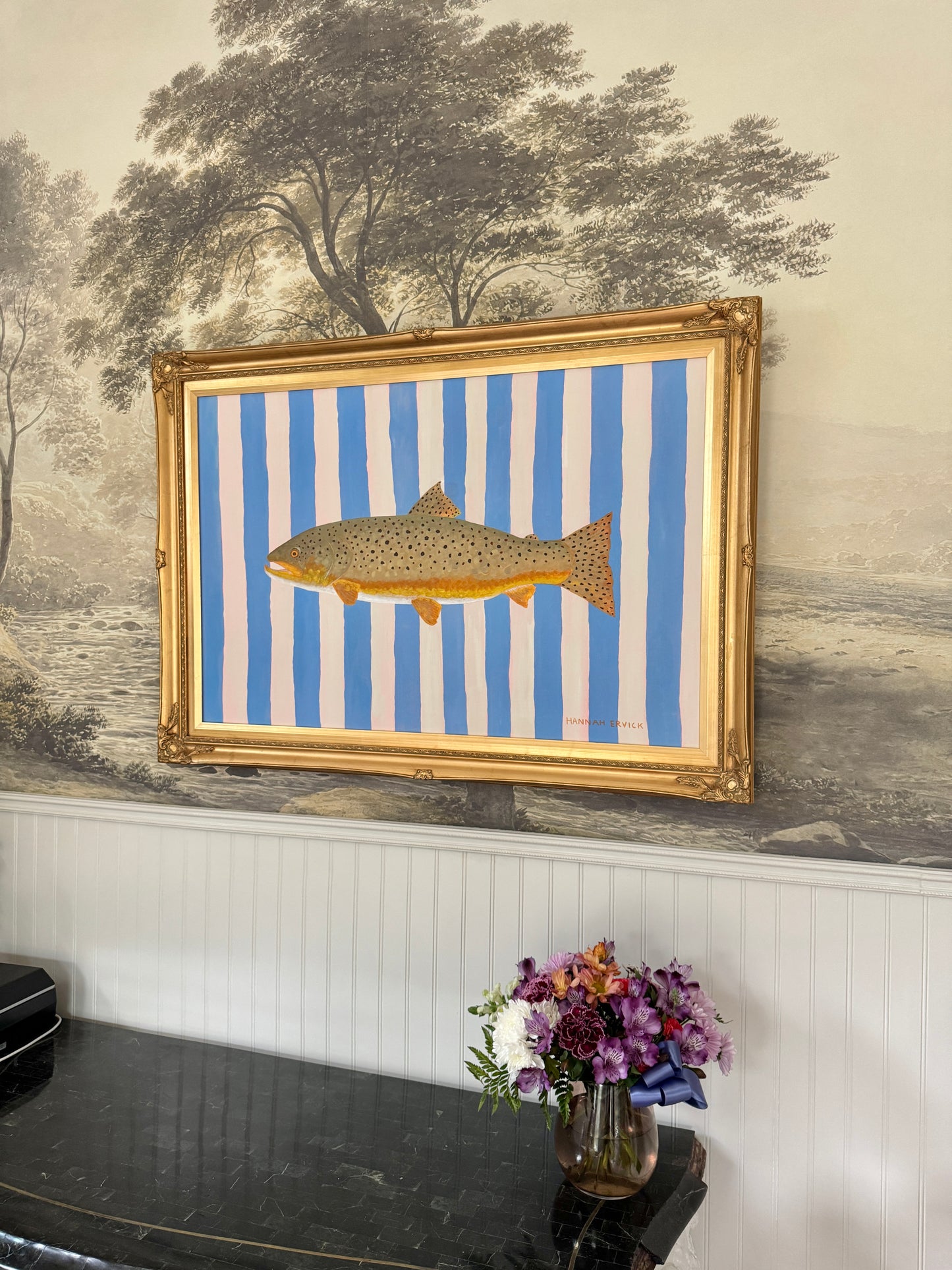 Original Painting - Bob the Brown Trout - Acrylic on Canvas in Vintage Gold Frame