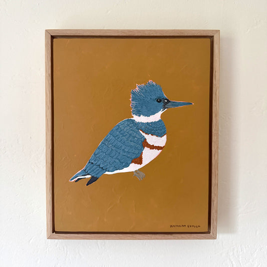 Original Belted Kingfisher Painting in White Oak Frame