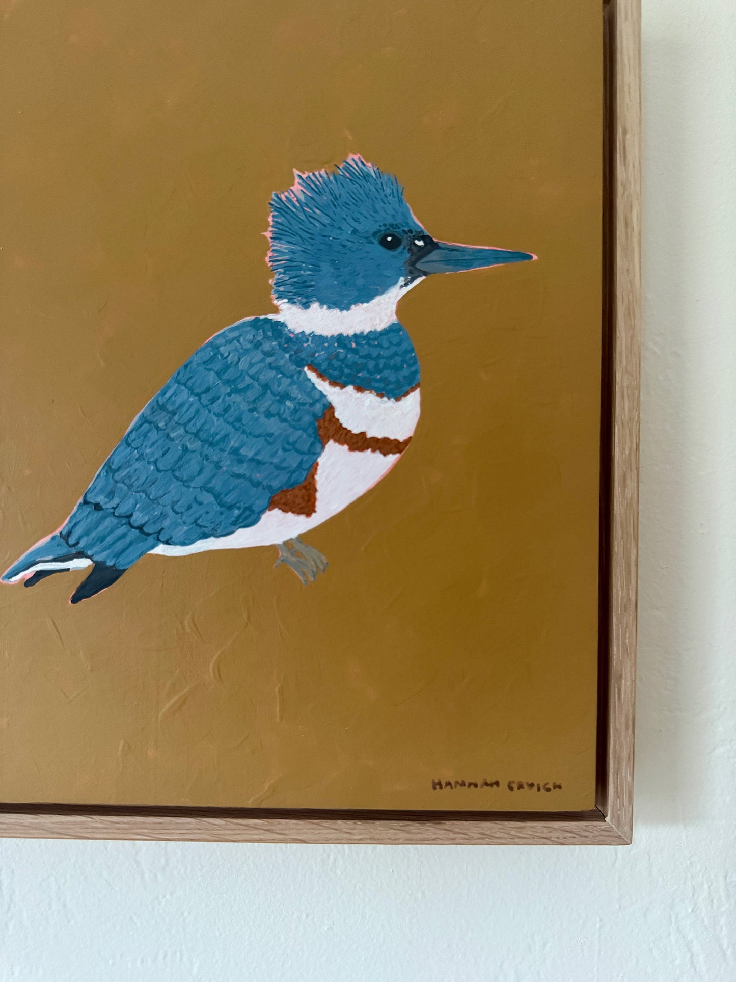Original Belted Kingfisher Painting in White Oak Frame