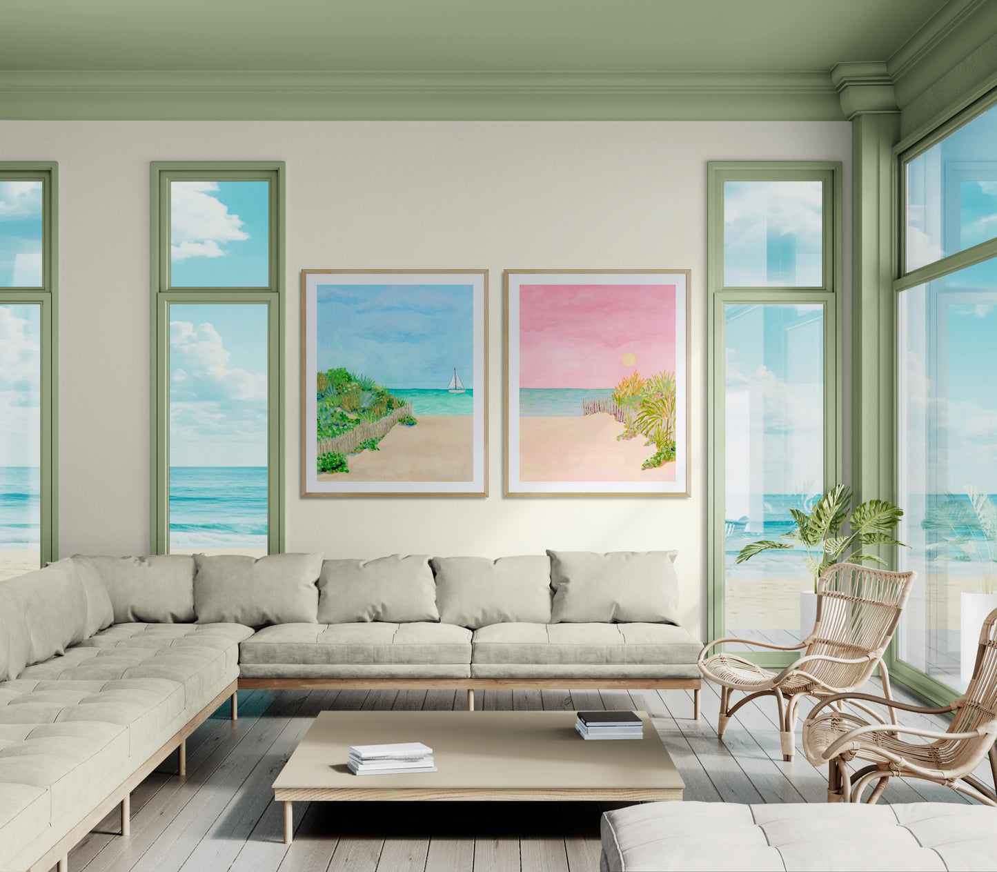 2 Print Set - Dune Grass Beach Paintings - "Blue Calm Dunes" and "Pink Glow Dunes"