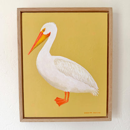 Original American White Pelican Painting in White Oak Frame