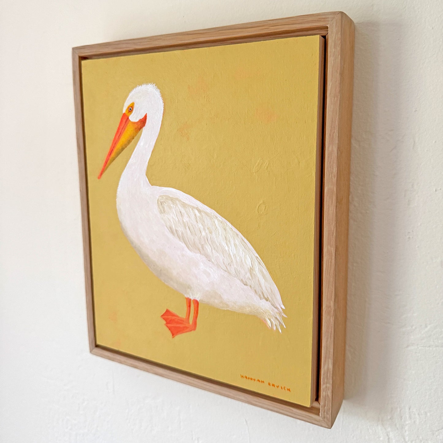 Original American White Pelican Painting in White Oak Frame