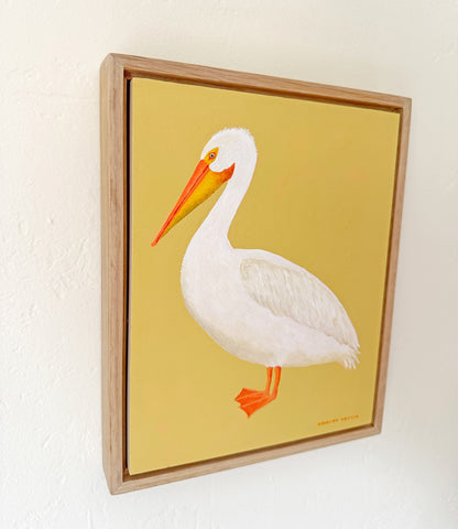 Original American White Pelican Painting in White Oak Frame