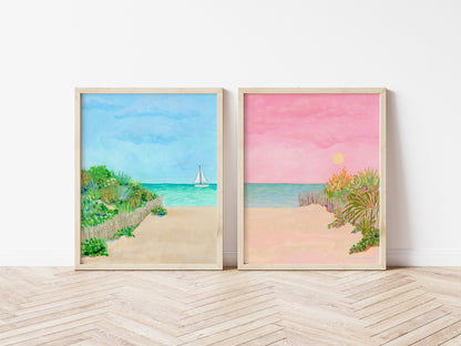 2 Print Set - Dune Grass Beach Paintings - "Blue Calm Dunes" and "Pink Glow Dunes"