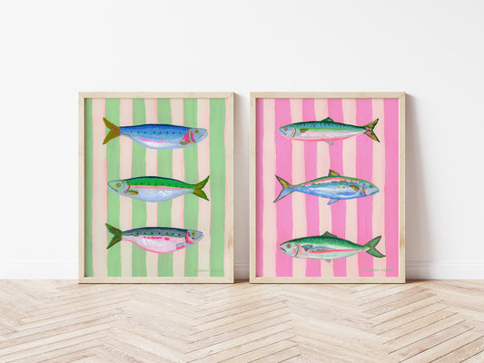 2 Print Striped Fish Set "Mint Striped Sardines" and "Pink Striped Mackerels"