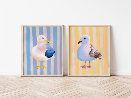 2 Print Set - Striped Seagull Paintings - "Blue Chubby Seagull" and "Yellow Chonky Seagull"