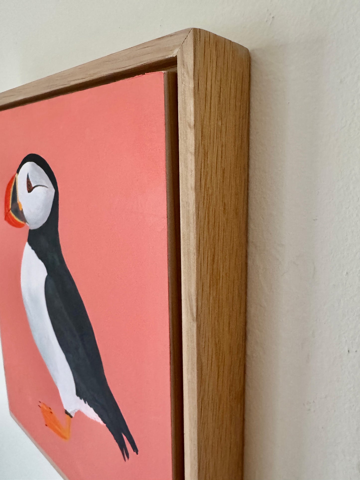 Puffin Original Painting in White Oak Frame