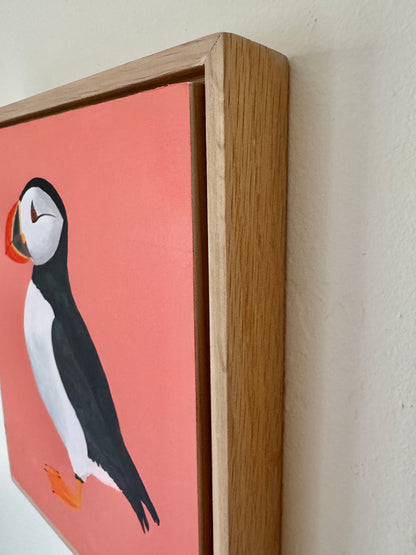 Puffin Original Painting in White Oak Frame