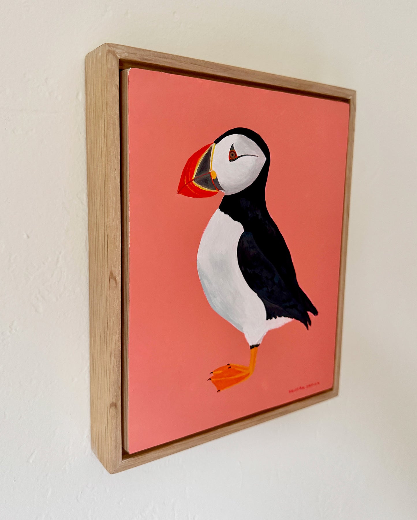 Puffin Original Painting in White Oak Frame