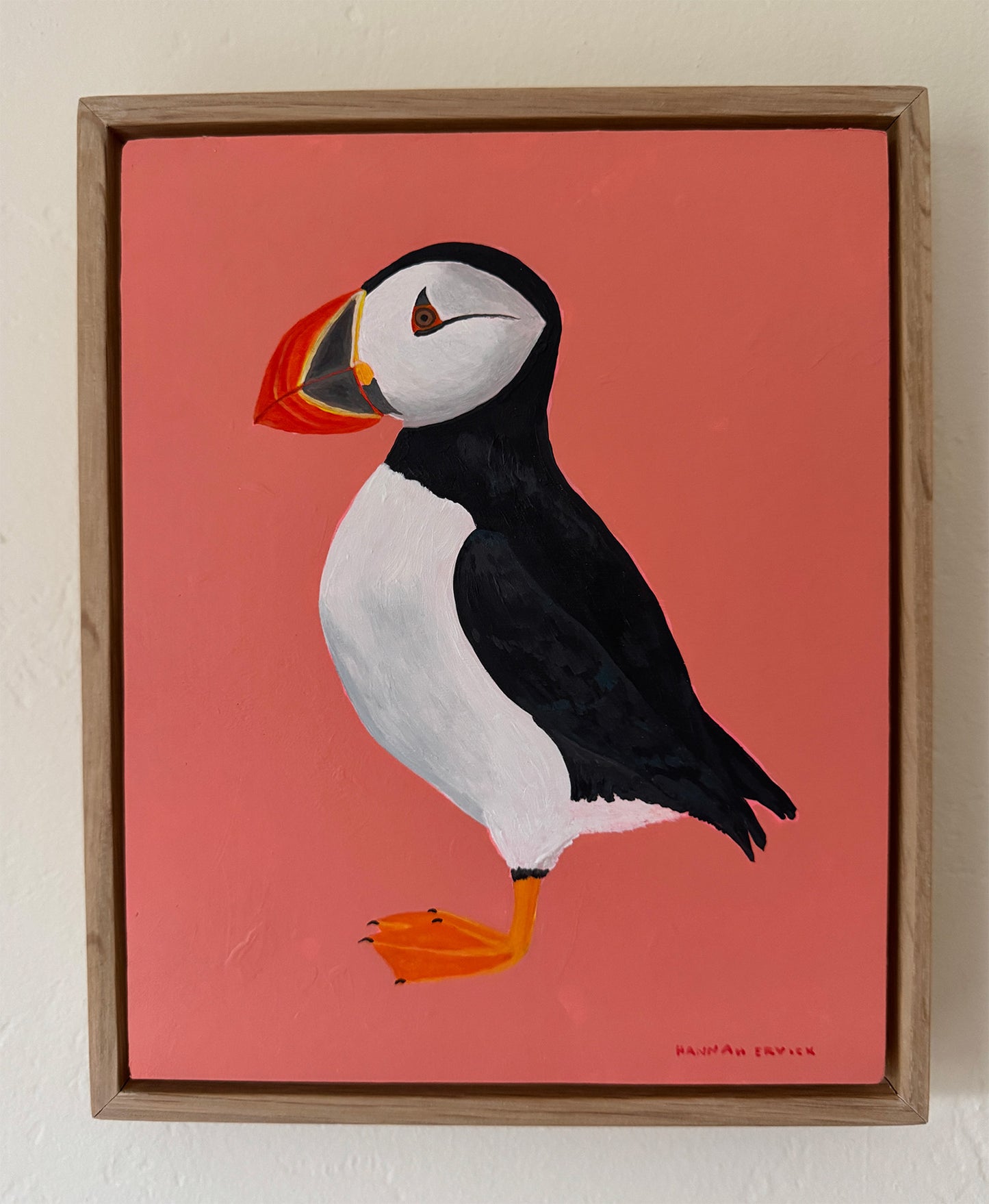 Puffin Original Painting in White Oak Frame